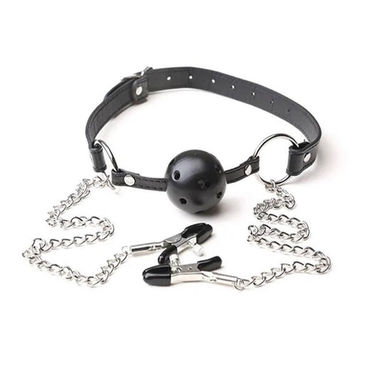 Ball gag with nipple clamps